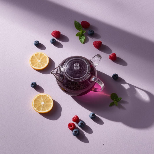 purple tea with citrus and herbs in minimalist setup