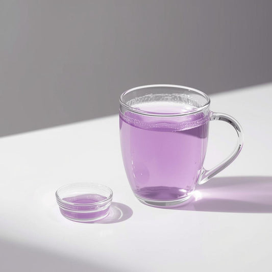 Glass cup of light violet purple tea extract showing anthocyanin-rich infusion and laboratory-inspired clarity