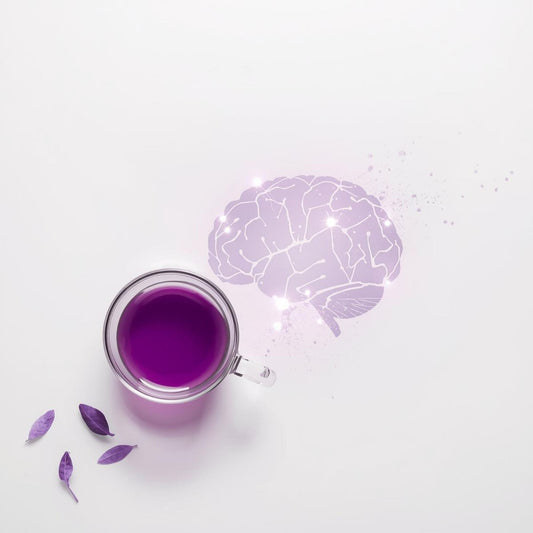 purple tea in minimalist cup for focus and mood support