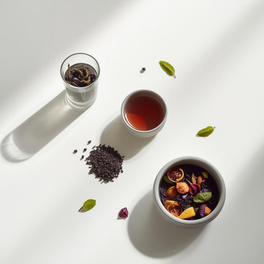 different purple tea styles served in glass teacup