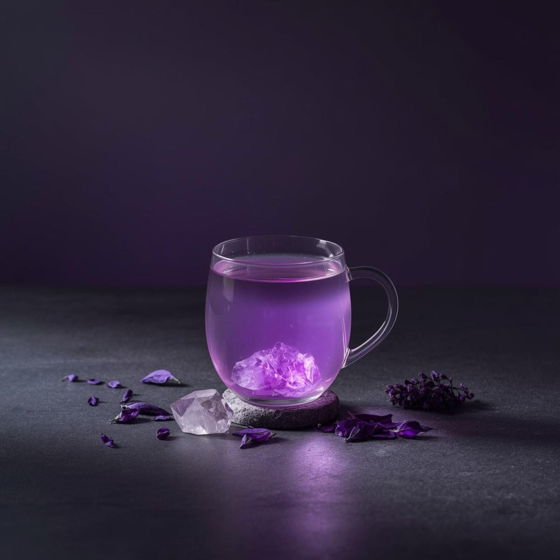 purple tea in clear teacup for caffeine sensitivity awareness