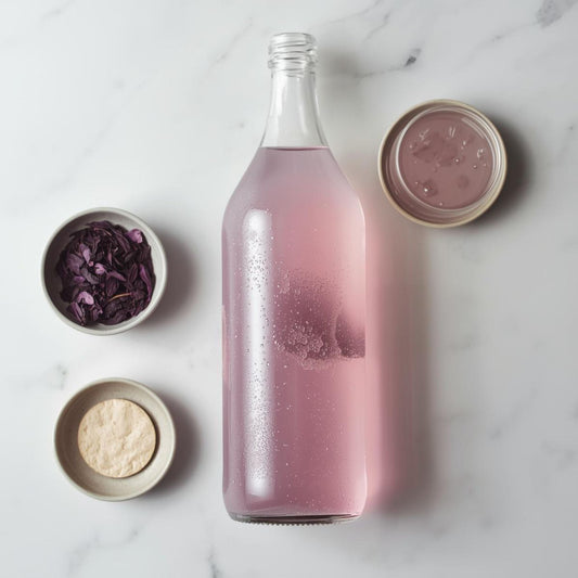 purple tea kombucha in glass fermentation bottle