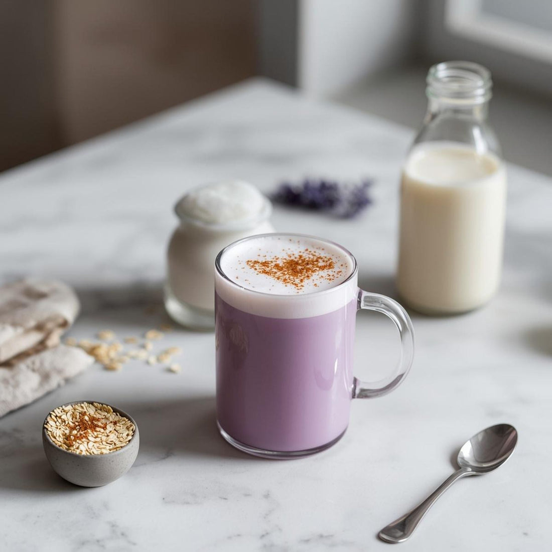 purple tea latte in glass cup with plant based milk