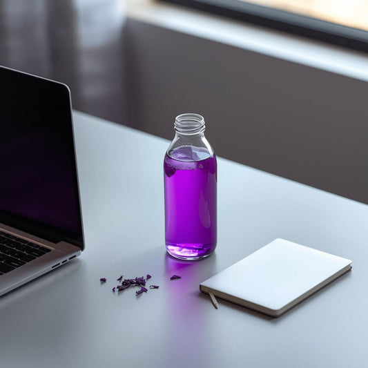 purple tea in office desk setup replacing energy drinks