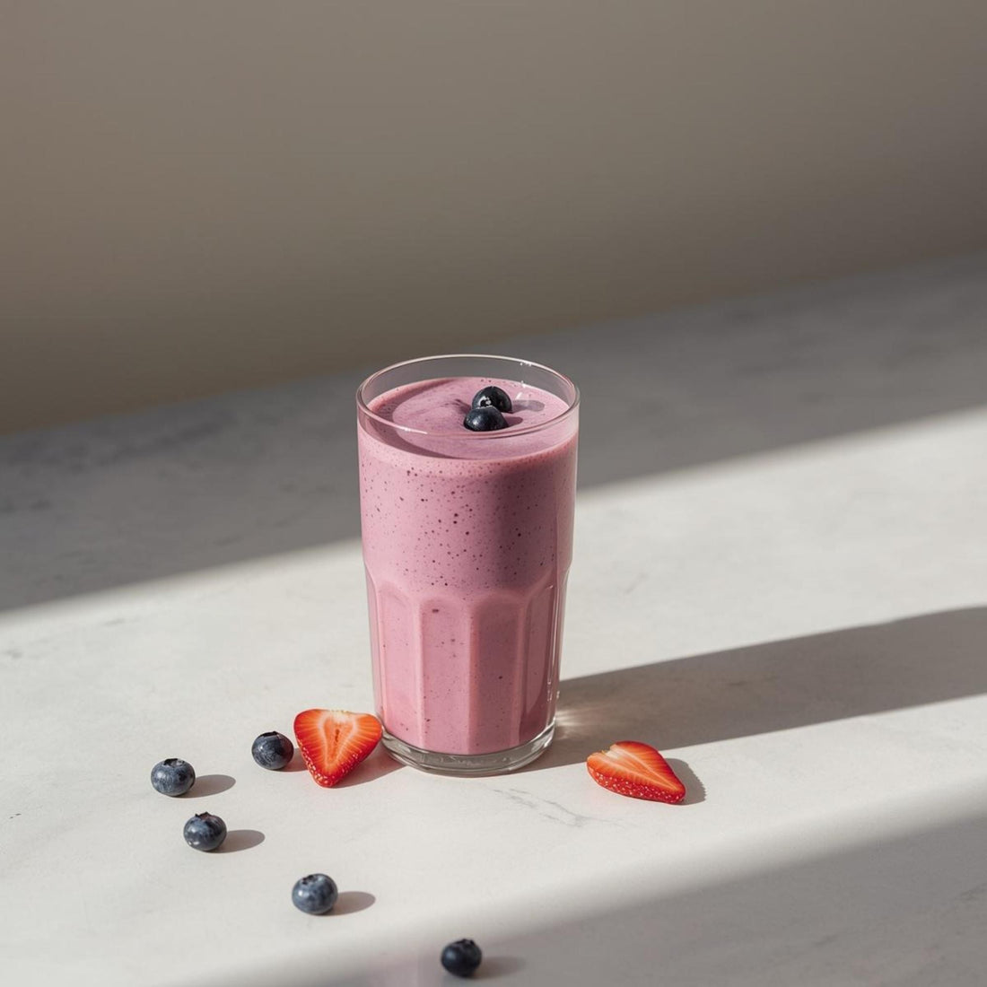 purple tea smoothie in clear glass on white background