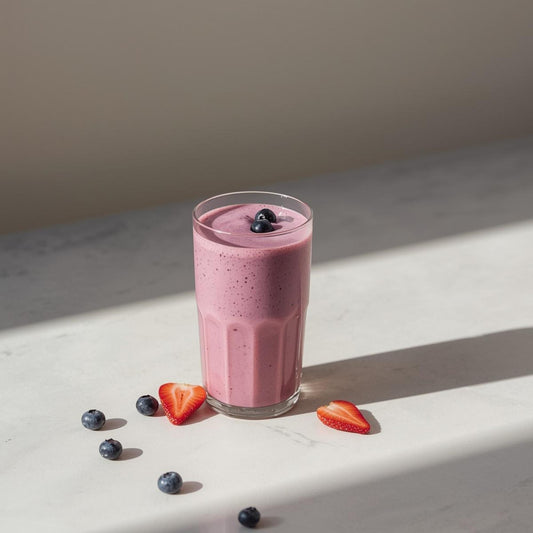 purple tea smoothie in clear glass on white background