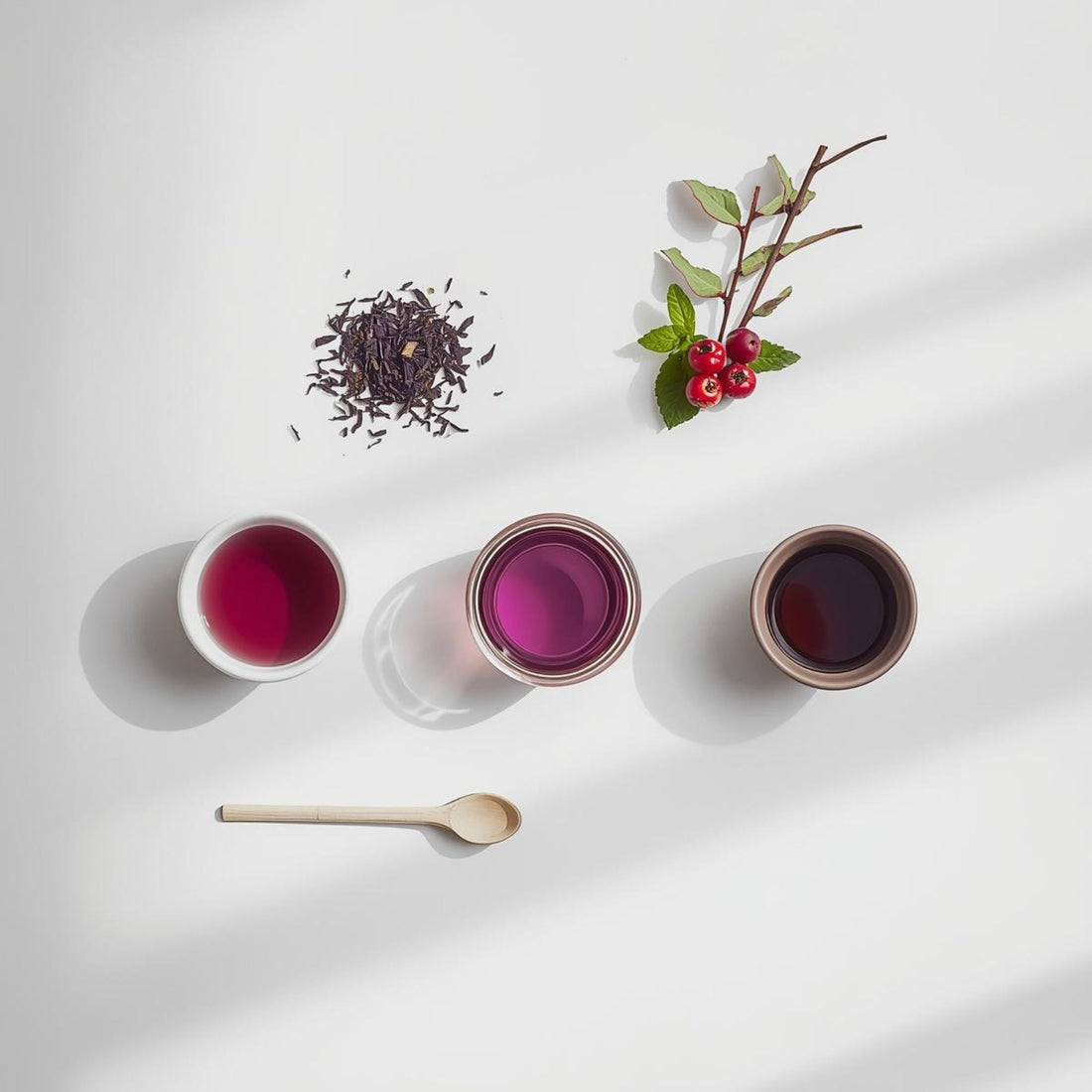 purple tea tasting setup in minimalist glass cup