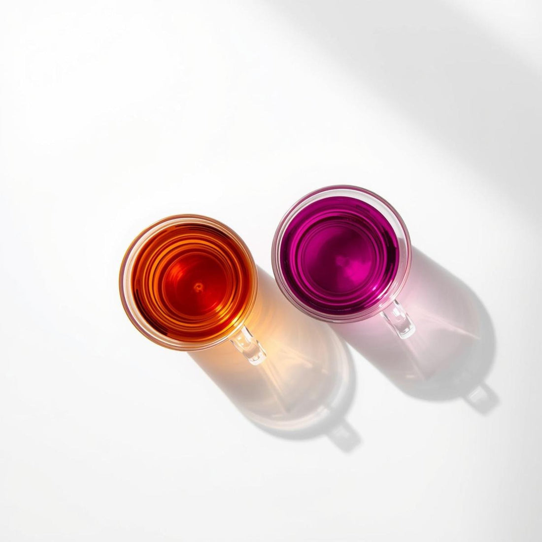 purple tea vs black tea in minimalist glass cups