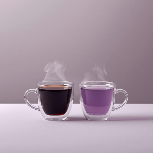 purple tea vs coffee comparison in clear glass cup