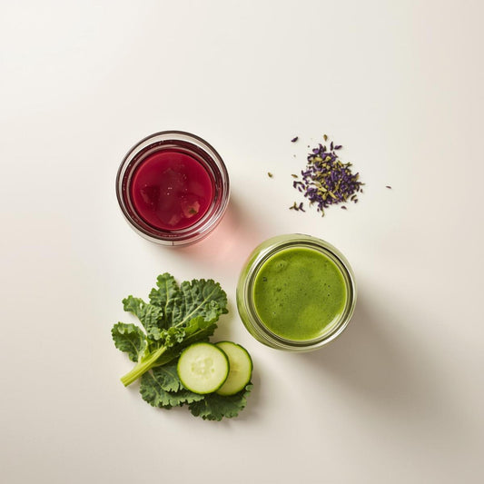 purple tea vs green juice in glass comparison