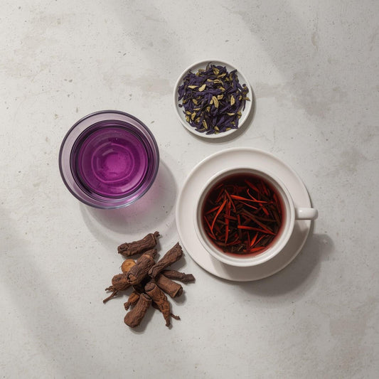purple tea vs herbal tonics in minimalist cups