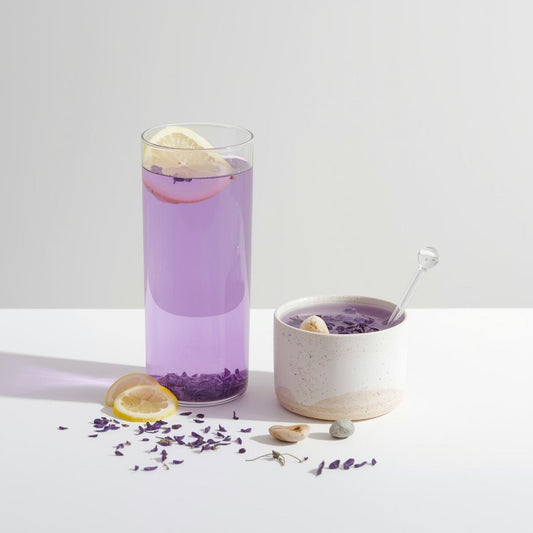 purple tea in clear glass highlighting mineral clarity