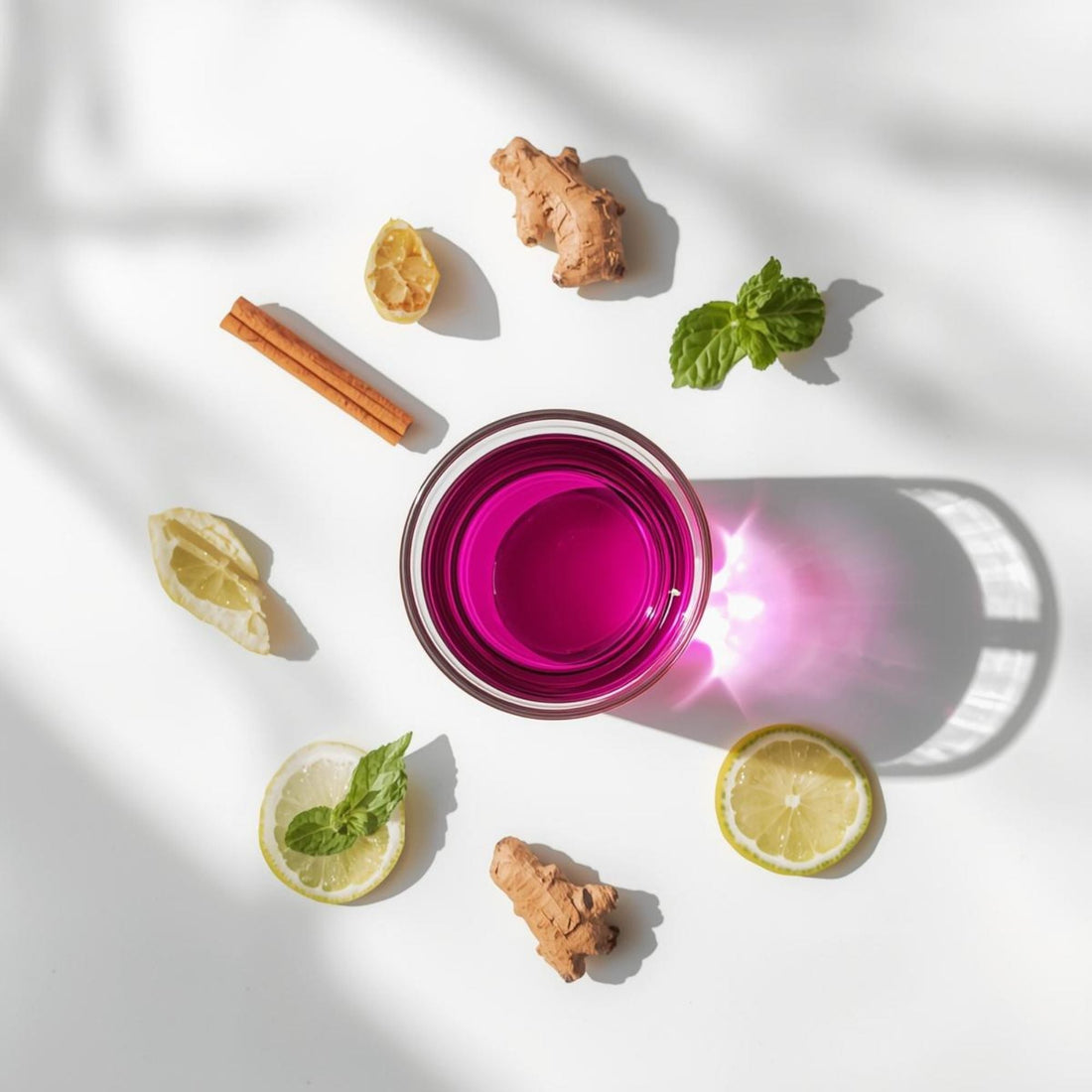 purple tea with spices and citrus in blend setup