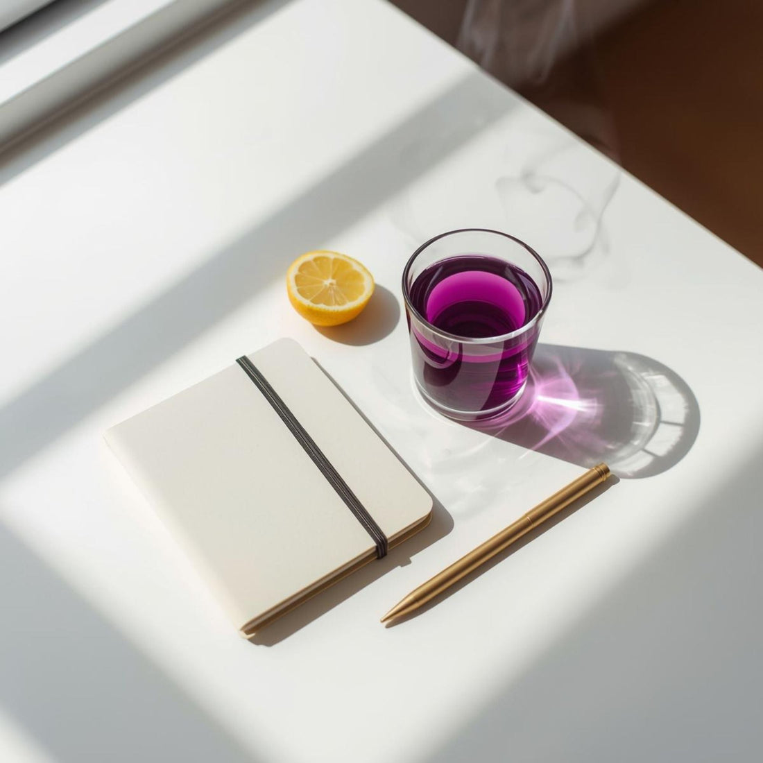 purple tea in minimalist cup for creative workflow ritual
