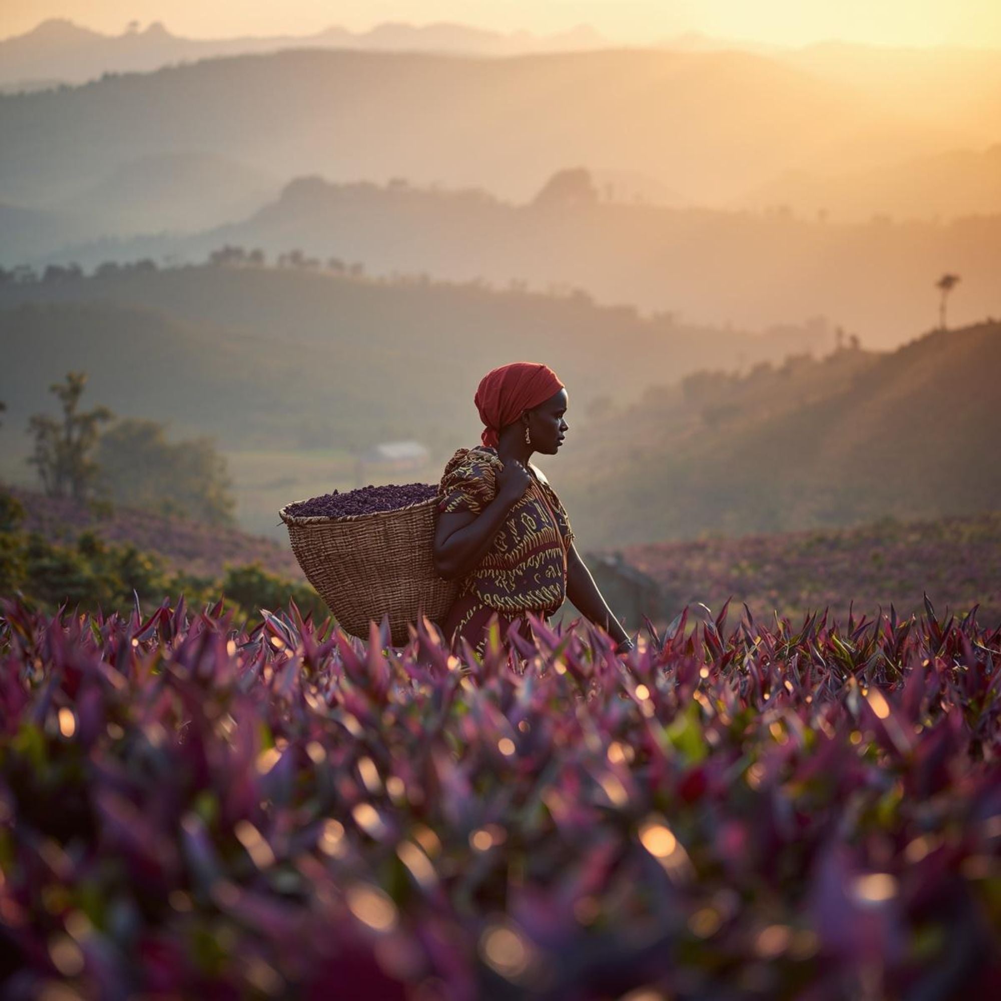 African woman harvesting purple tea leaves in a Kenyan tea plantation with a basket on her back in the Kenyan highlands.