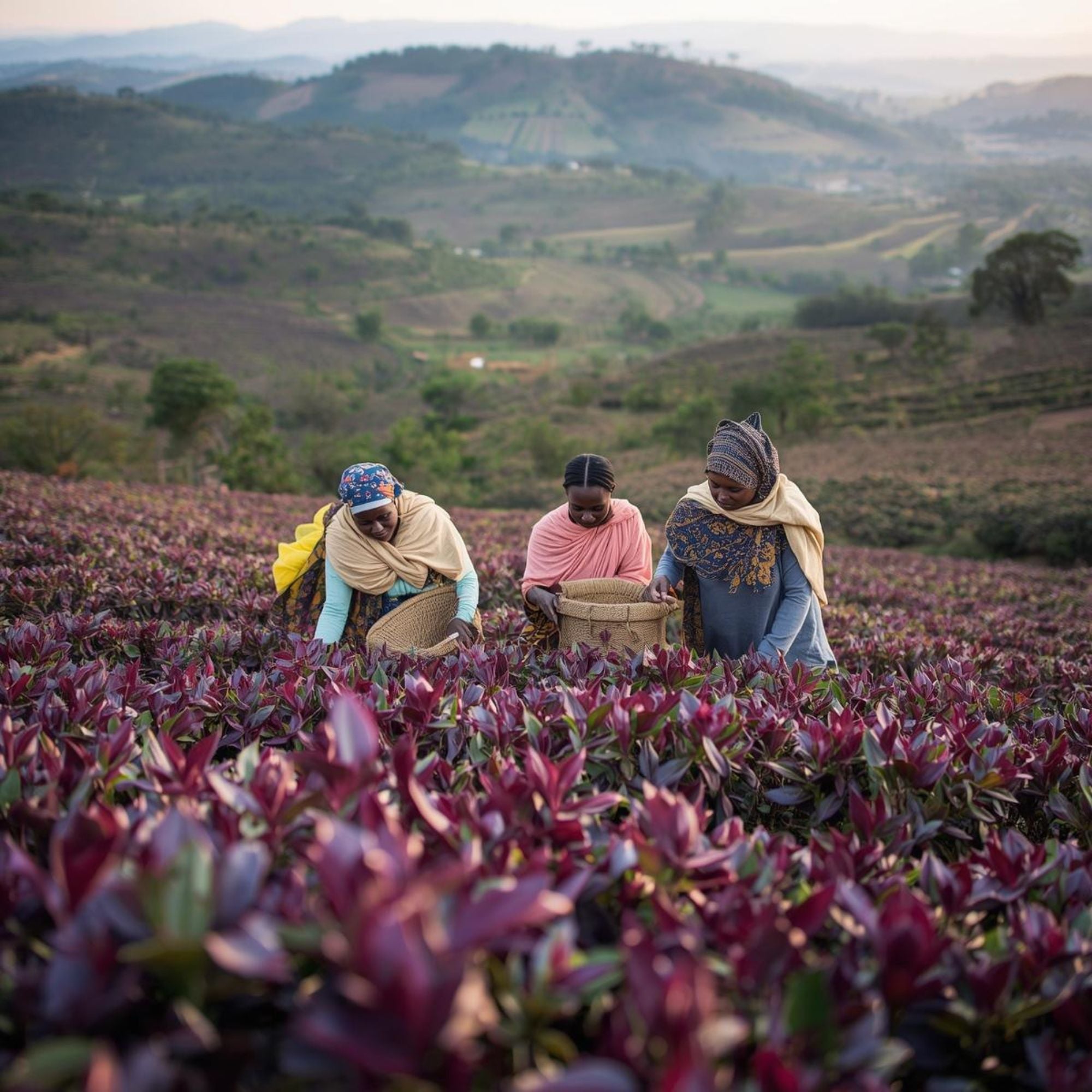 Purple tea plantations in the Kenyan highlands with women harvesting leaves