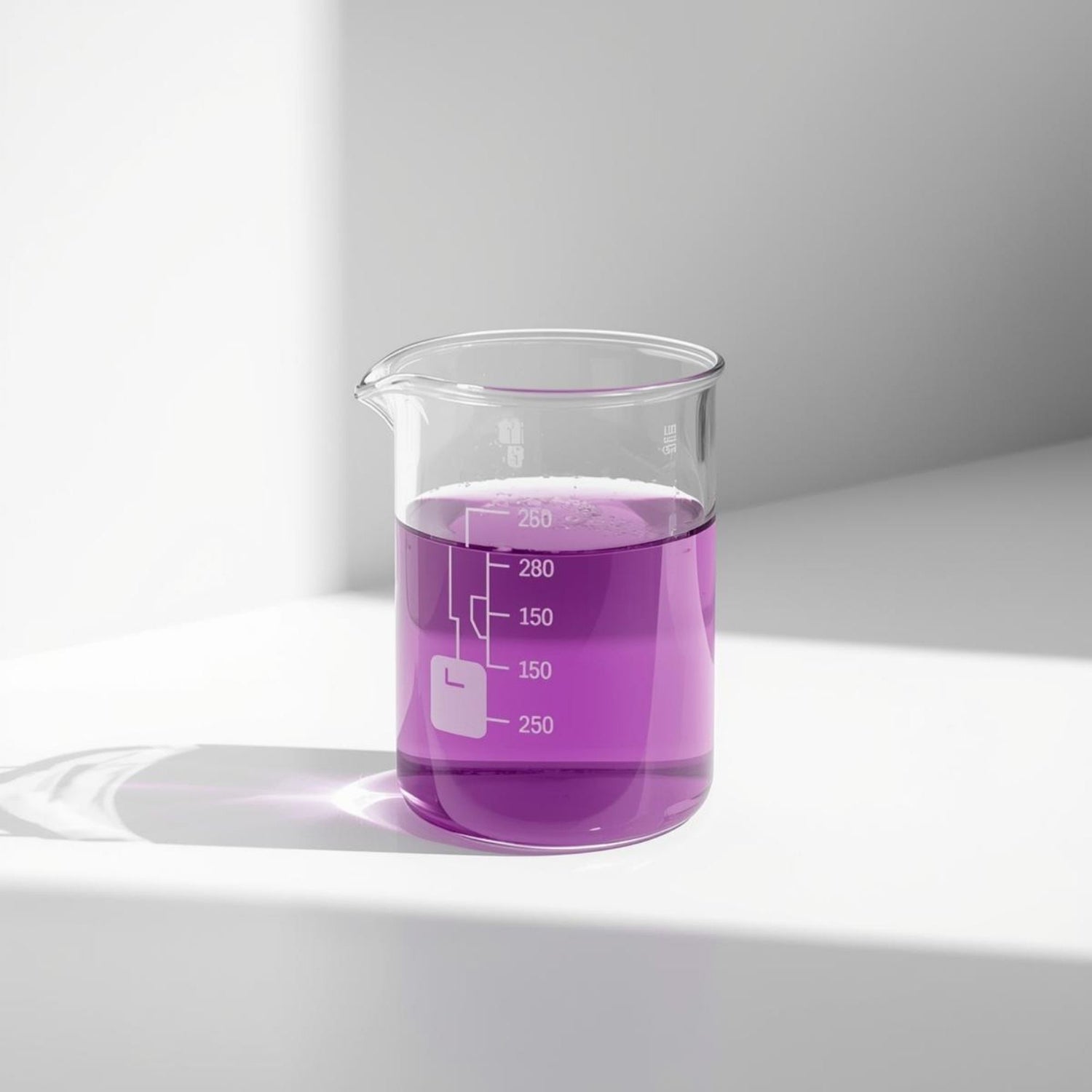 Glass beaker filled with purple tea in a clean white laboratory setting
