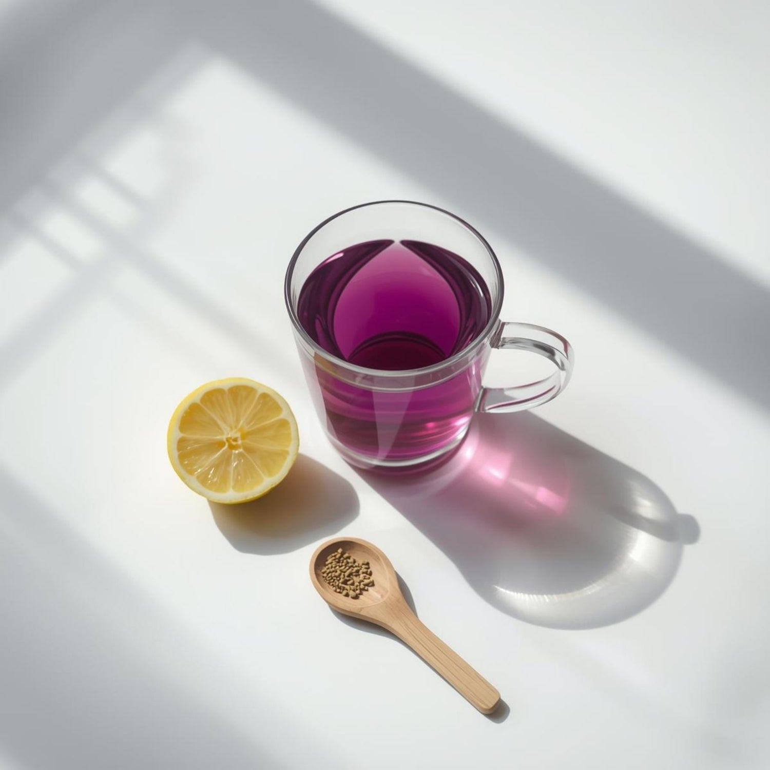 Transparent glass cup of purple tea with lemon slice on a white surface