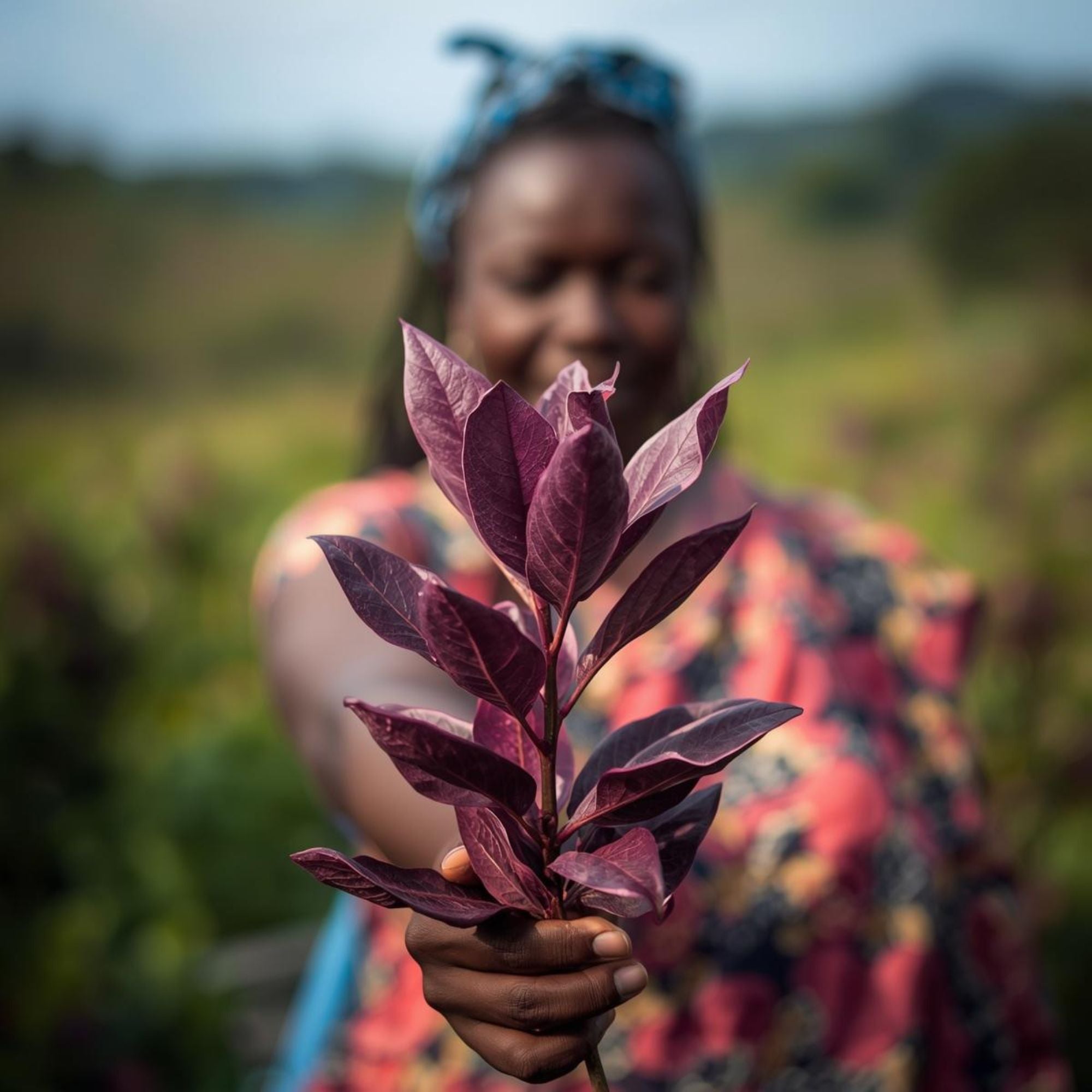 Close-up of a purple tea plant with naturally purple leaves in Kenya